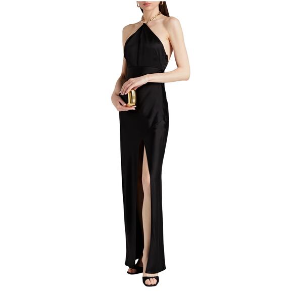 Nicholas Black Satin Gold Chain Link Halter Maxi Slip Dress - Picture 1 of 11
